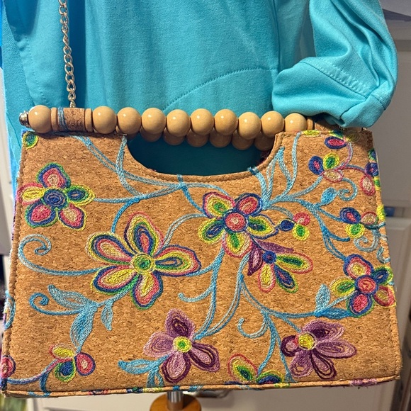 Handbags - Floral Embroidered Cork Handbag with Gold chain